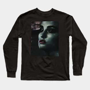 Portrait, digital collage and special processing. Woman. Like in night dreams. Dark desaturated green. Long Sleeve T-Shirt